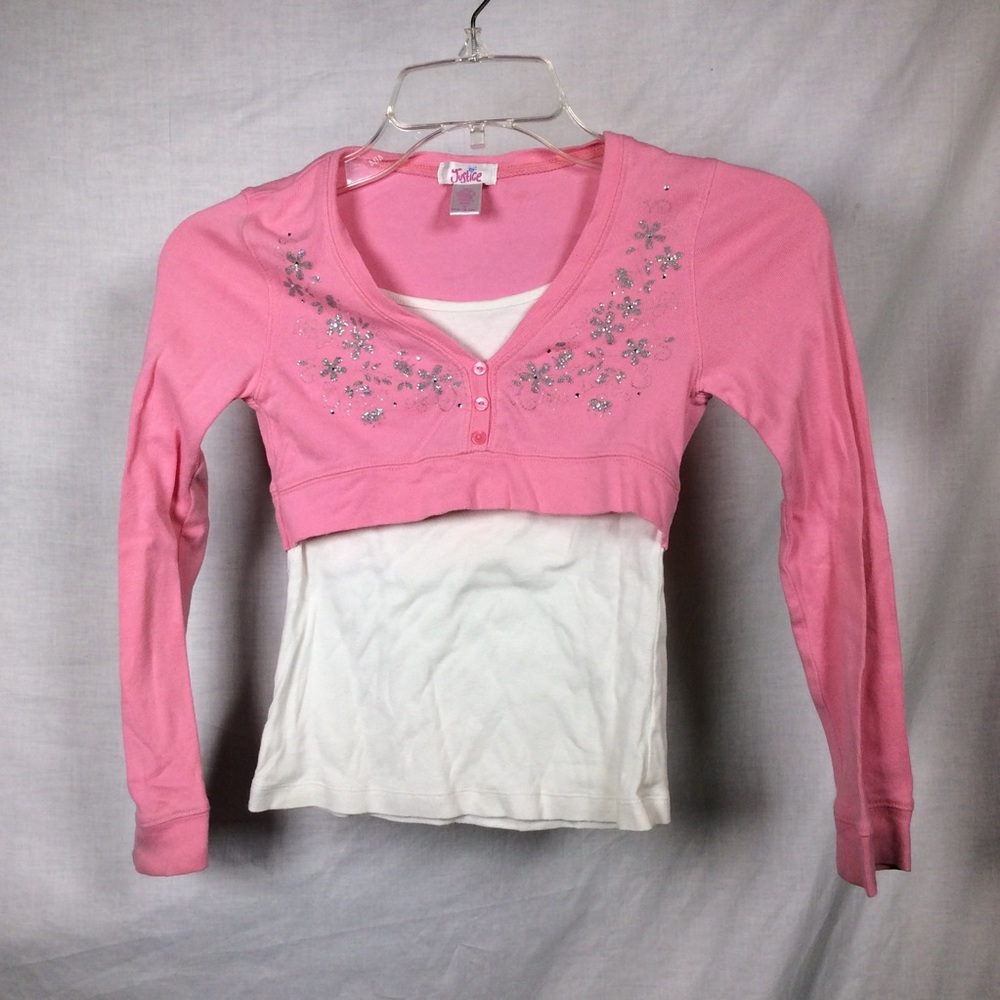 Justice Girls Pink/White Silver Glitter Top